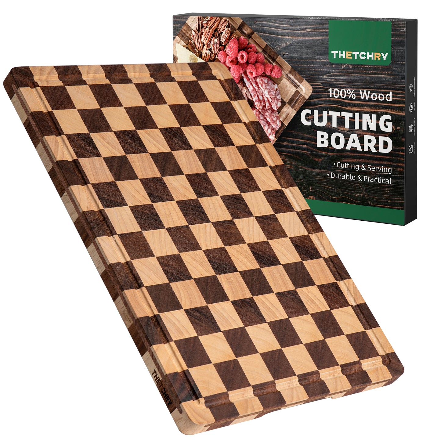 THETCHRY Cutting Boards for Kitchen, Checkered Wooden Chopping Board Structural Upgraded, Walnut Cutting Board with Juice Grooves & Handles, Butcher Block Serving Tray with Gift Box, 17"X 12"X 0.8"
