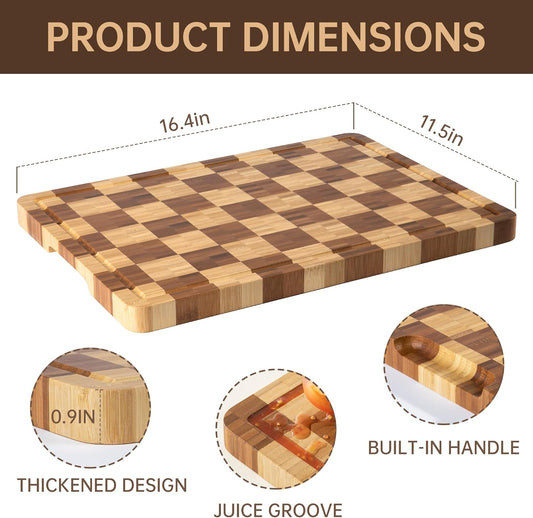 Bamboo Cutting Boards for Kitchen, End Grain Wood Cutting Board with Juice Grooves & Handles, Charcuterie Checkered Chopping Board Thick Butcher Block Serving Tray with Gift Box, 16.4"×11.5"× 1"