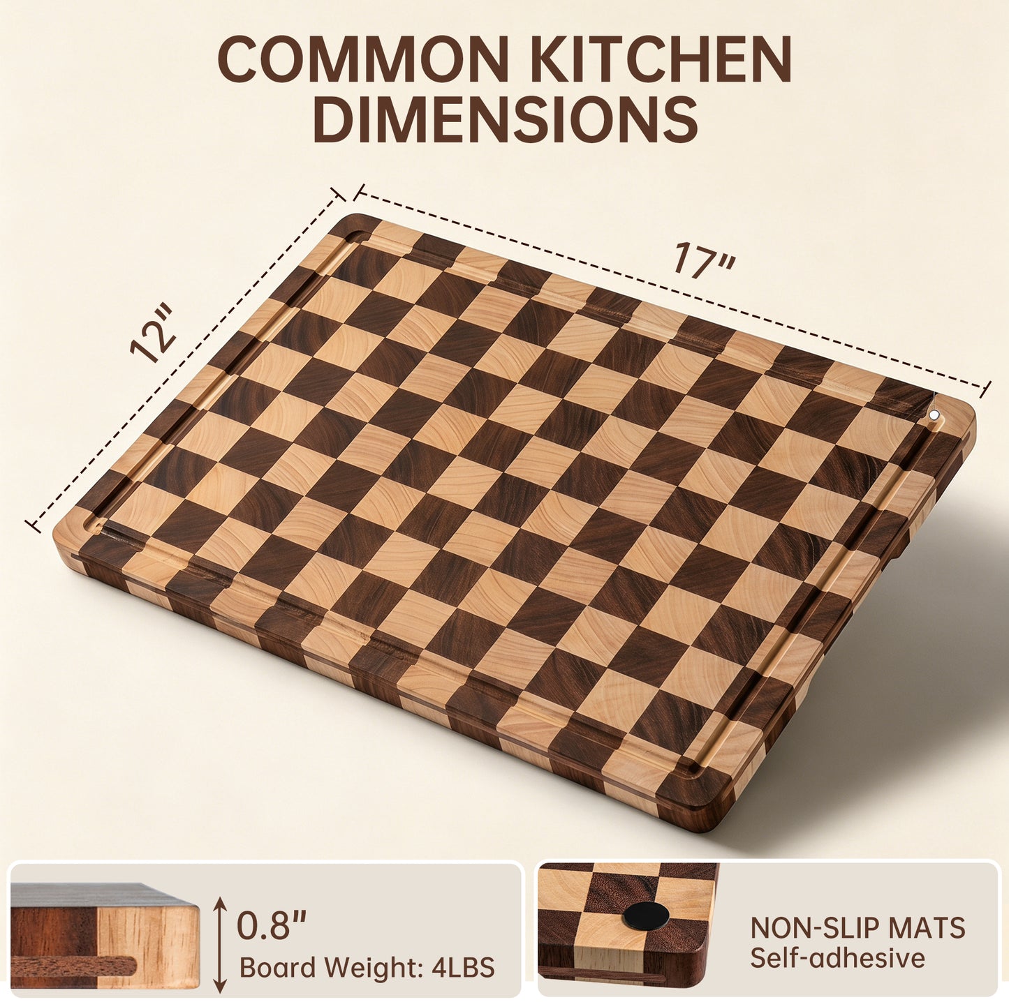 THETCHRY Cutting Boards for Kitchen, Checkered Wooden Chopping Board Structural Upgraded, Walnut Cutting Board with Juice Grooves & Handles, Butcher Block Serving Tray with Gift Box, 17"X 12"X 0.8"