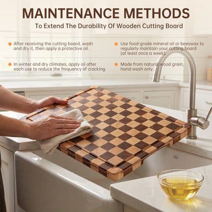 THETCHRY Cutting Boards for Kitchen, Checkered Wooden Chopping Board Structural Upgraded, Walnut Cutting Board with Juice Grooves & Handles, Butcher Block Serving Tray with Gift Box, 17"X 12"X 0.8"