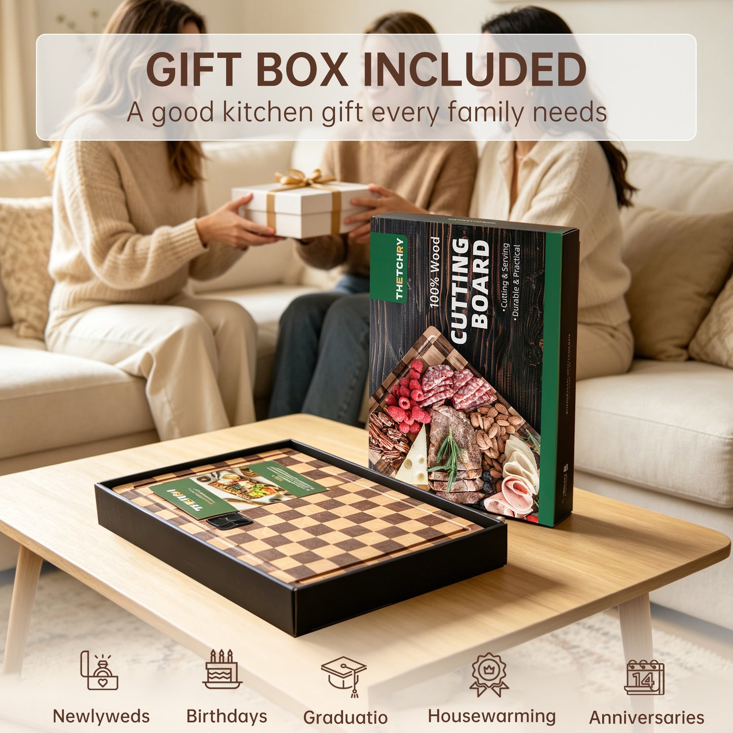 THETCHRY Cutting Boards for Kitchen, Checkered Wooden Chopping Board Structural Upgraded, Walnut Cutting Board with Juice Grooves & Handles, Butcher Block Serving Tray with Gift Box, 17"X 12"X 0.8"