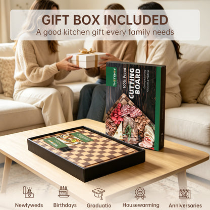 THETCHRY Cutting Boards for Kitchen, Checkered Wooden Chopping Board Structural Upgraded, Walnut Cutting Board with Juice Grooves & Handles, Butcher Block Serving Tray with Gift Box, 17"X 12"X 0.8"