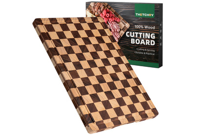 THETCHRY Cutting Boards for Kitchen, Checkered Wooden Chopping Board Structural Upgraded, Walnut Cutting Board with Juice Grooves & Handles, Butcher Block Serving Tray with Gift Box, 17"X 12"X 0.8"