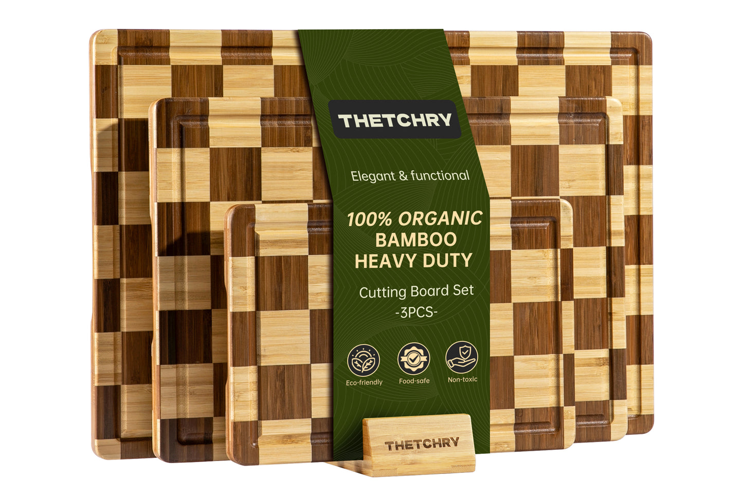 3 Pack Checkered Bamboo Cutting Board Set, Decorative End Grain Thick Wood Cutting Board, Crack-Resistant, Heavy Duty Non-slip Chopping Boards, Aesthetic Serving Trays for Home Decor, Gift