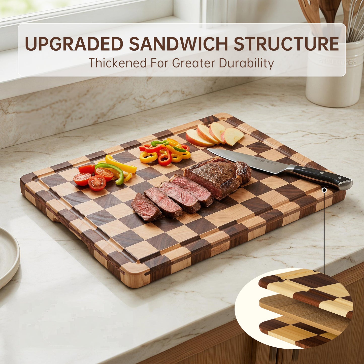 THETCHRY Cutting Boards for Kitchen, Checkered Wooden Chopping Board Structural Upgraded, Walnut Cutting Board with Juice Grooves & Handles, Butcher Block Serving Tray with Gift Box, 17"X 12"X 0.8"