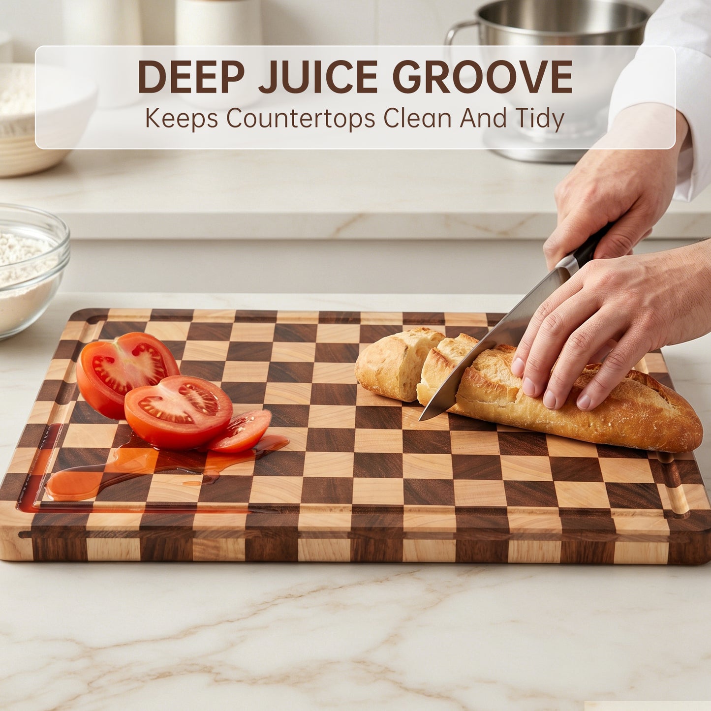 THETCHRY Cutting Boards for Kitchen, Checkered Wooden Chopping Board Structural Upgraded, Walnut Cutting Board with Juice Grooves & Handles, Butcher Block Serving Tray with Gift Box, 17"X 12"X 0.8"
