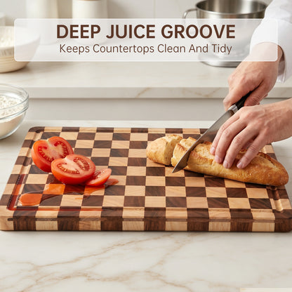 THETCHRY Cutting Boards for Kitchen, Checkered Wooden Chopping Board Structural Upgraded, Walnut Cutting Board with Juice Grooves & Handles, Butcher Block Serving Tray with Gift Box, 17"X 12"X 0.8"