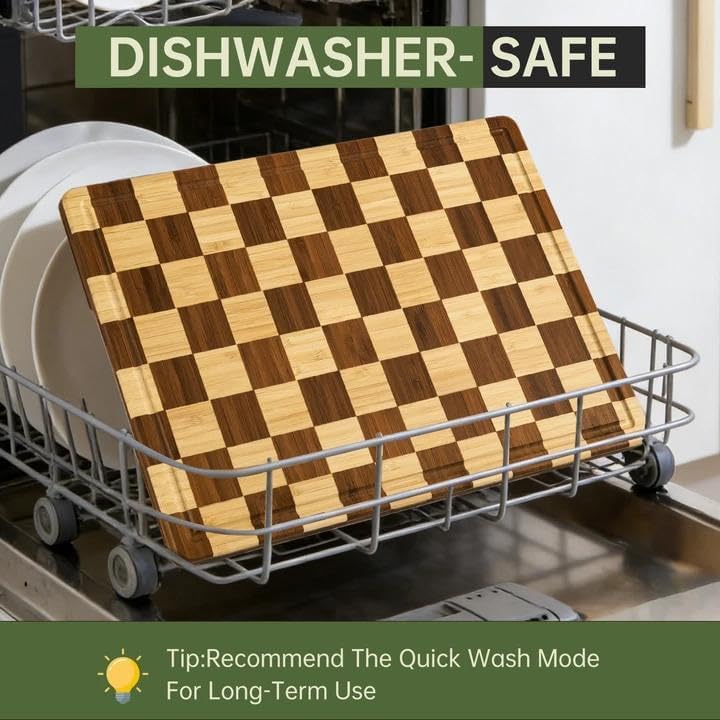 THETCHRY Thick Dishwasher Safe Bamboo Cutting Board, Checkered Wood Cutting Board for Kitchen with Non-slip, Long-Lasting and Crack-Resistant, End Grain Serving Tray with Gift Box, 16.5“x11.6”x1"