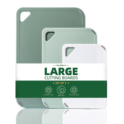 Plastic Cutting Board Set, Cutting Boards for Kitchen BPA Free, Large-Small Chopping Boards Set of 3 Non-Slip for Cooking Camping Dishwasher Safe, Reversible, with Grip Handle, 15"×10"×0.6"