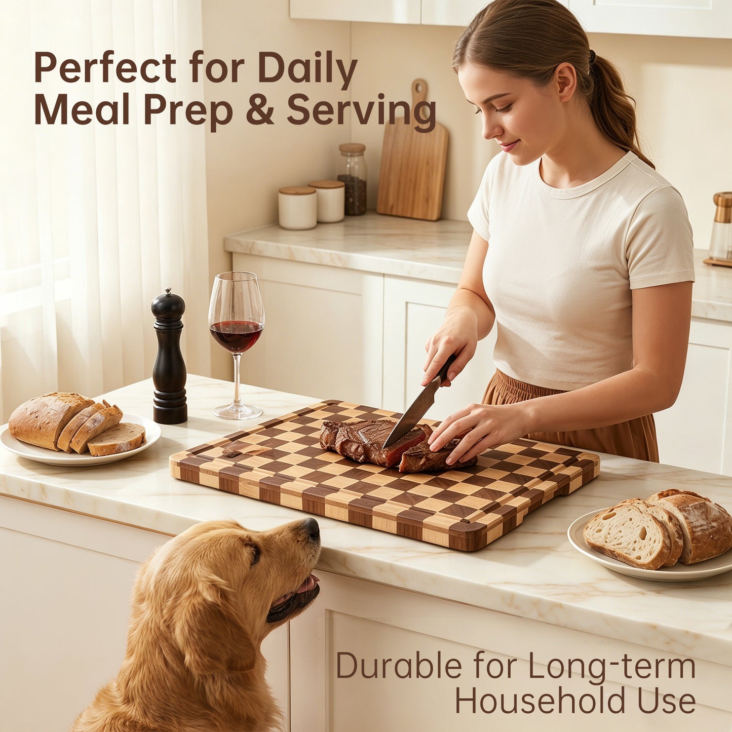 THETCHRY Cutting Boards for Kitchen, Checkered Wooden Chopping Board Structural Upgraded, Walnut Cutting Board with Juice Grooves & Handles, Butcher Block Serving Tray with Gift Box, 17"X 12"X 0.8"