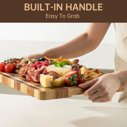 Bamboo Cutting Boards for Kitchen, End Grain Wood Cutting Board with Juice Grooves & Handles, Charcuterie Checkered Chopping Board Thick Butcher Block Serving Tray with Gift Box, 16.4"×11.5"× 1"