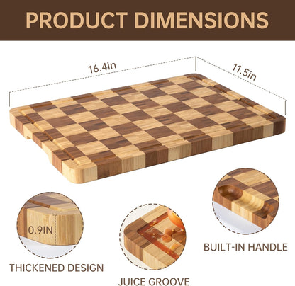 Bamboo Cutting Boards for Kitchen, End Grain Wood Cutting Board with Juice Grooves & Handles, Charcuterie Checkered Chopping Board Thick Butcher Block Serving Tray with Gift Box, 16.4"×11.5"× 1"