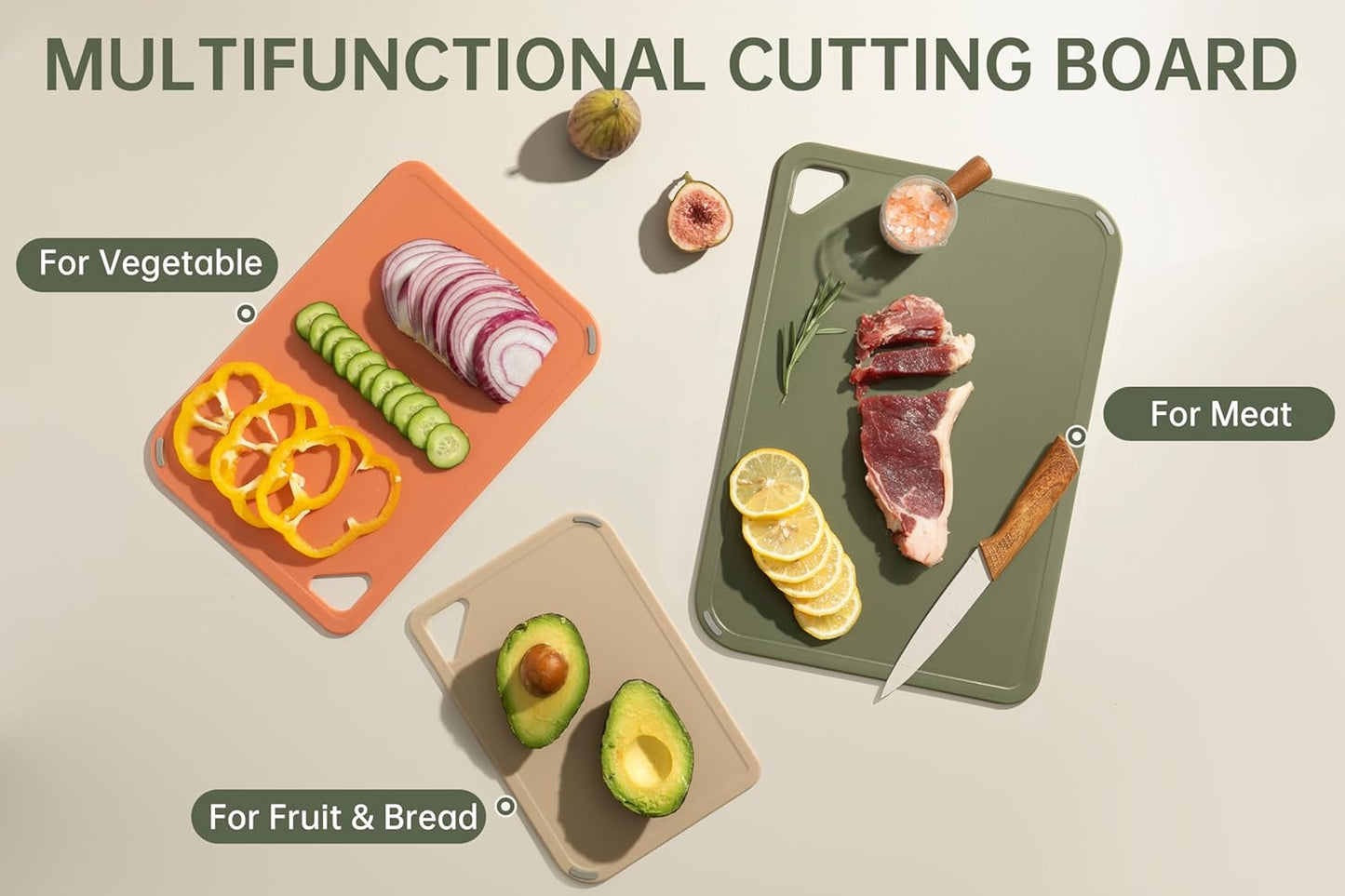 Plastic Cutting Board Set, Cutting Boards for Kitchen BPA Free, Large-Small Chopping Boards Set of 3 Non-Slip for Cooking Camping Dishwasher Safe, Reversible, with Grip Handle, 15"×10"×0.6"