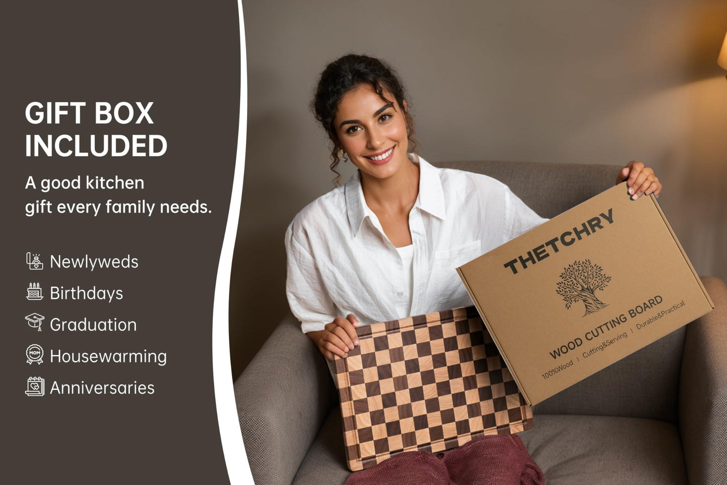 Cutting Boards for Kitchen, Extra Large Chopping Board for Stovetop, Checkered Acacia Wood Cutting Board with Juice Grooves, Butcher Block with Gift Box, 20" x 15" x 1"