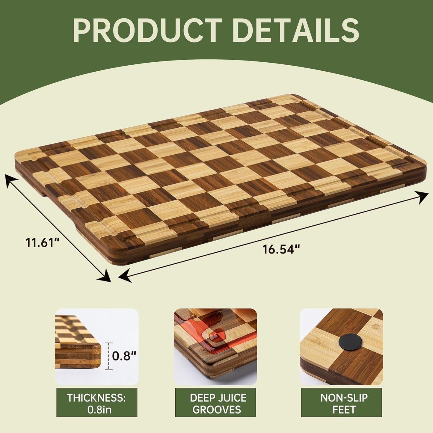 THETCHRY Thick Dishwasher Safe Bamboo Cutting Board, Checkered Wood Cutting Board for Kitchen with Non-slip, Long-Lasting and Crack-Resistant, End Grain Serving Tray with Gift Box, 16.5“x11.6”x1"