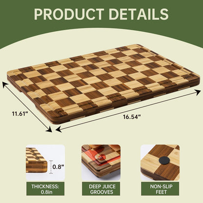 THETCHRY Thick Dishwasher Safe Bamboo Cutting Board, Checkered Wood Cutting Board for Kitchen with Non-slip, Long-Lasting and Crack-Resistant, End Grain Serving Tray with Gift Box, 16.5“x11.6”x1"