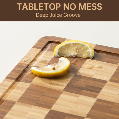 Bamboo Cutting Boards for Kitchen, End Grain Wood Cutting Board with Juice Grooves & Handles, Charcuterie Checkered Chopping Board Thick Butcher Block Serving Tray with Gift Box, 16.4"×11.5"× 1"