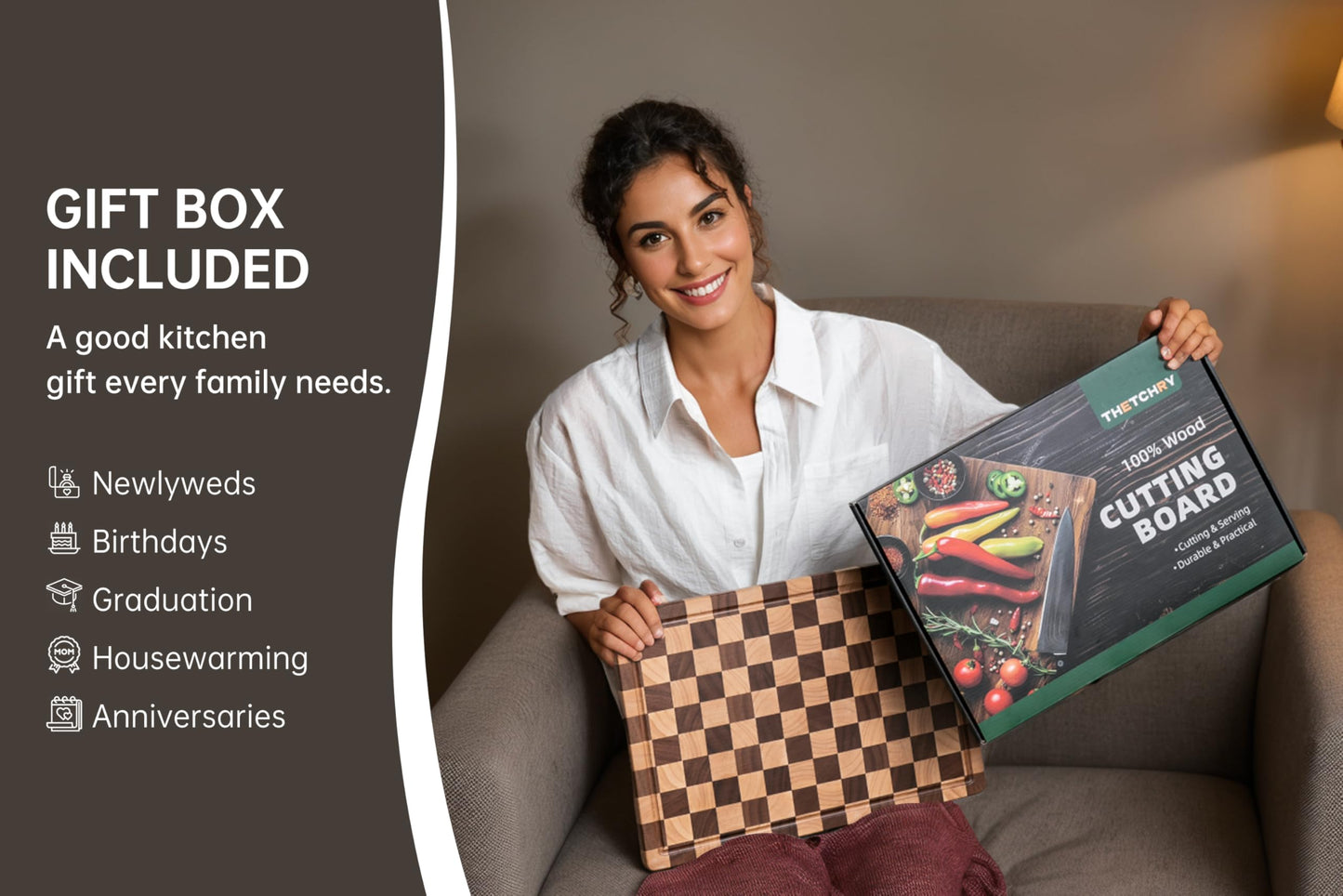 Cutting Boards for Kitchen, Extra Large Chopping Board for Stovetop, Checkered Acacia Wood Cutting Board with Juice Grooves, Butcher Block with Gift Box, 20" x 15" x 1"