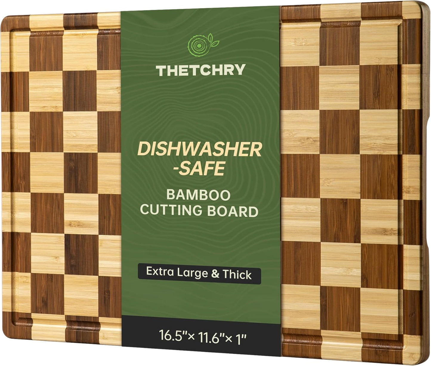 THETCHRY Thick Dishwasher Safe Bamboo Cutting Board, Checkered Wood Cutting Board for Kitchen with Non-slip, Long-Lasting and Crack-Resistant, End Grain Serving Tray with Gift Box, 16.5“x11.6”x1"