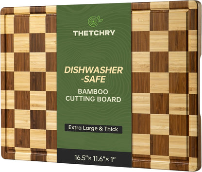 THETCHRY Thick Dishwasher Safe Bamboo Cutting Board, Checkered Wood Cutting Board for Kitchen with Non-slip, Long-Lasting and Crack-Resistant, End Grain Serving Tray with Gift Box, 16.5“x11.6”x1"