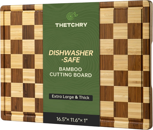 THETCHRY Thick Dishwasher Safe Bamboo Cutting Board, Checkered Wood Cutting Board for Kitchen with Non-slip, Long-Lasting and Crack-Resistant, End Grain Serving Tray with Gift Box, 16.5“x11.6”x1"