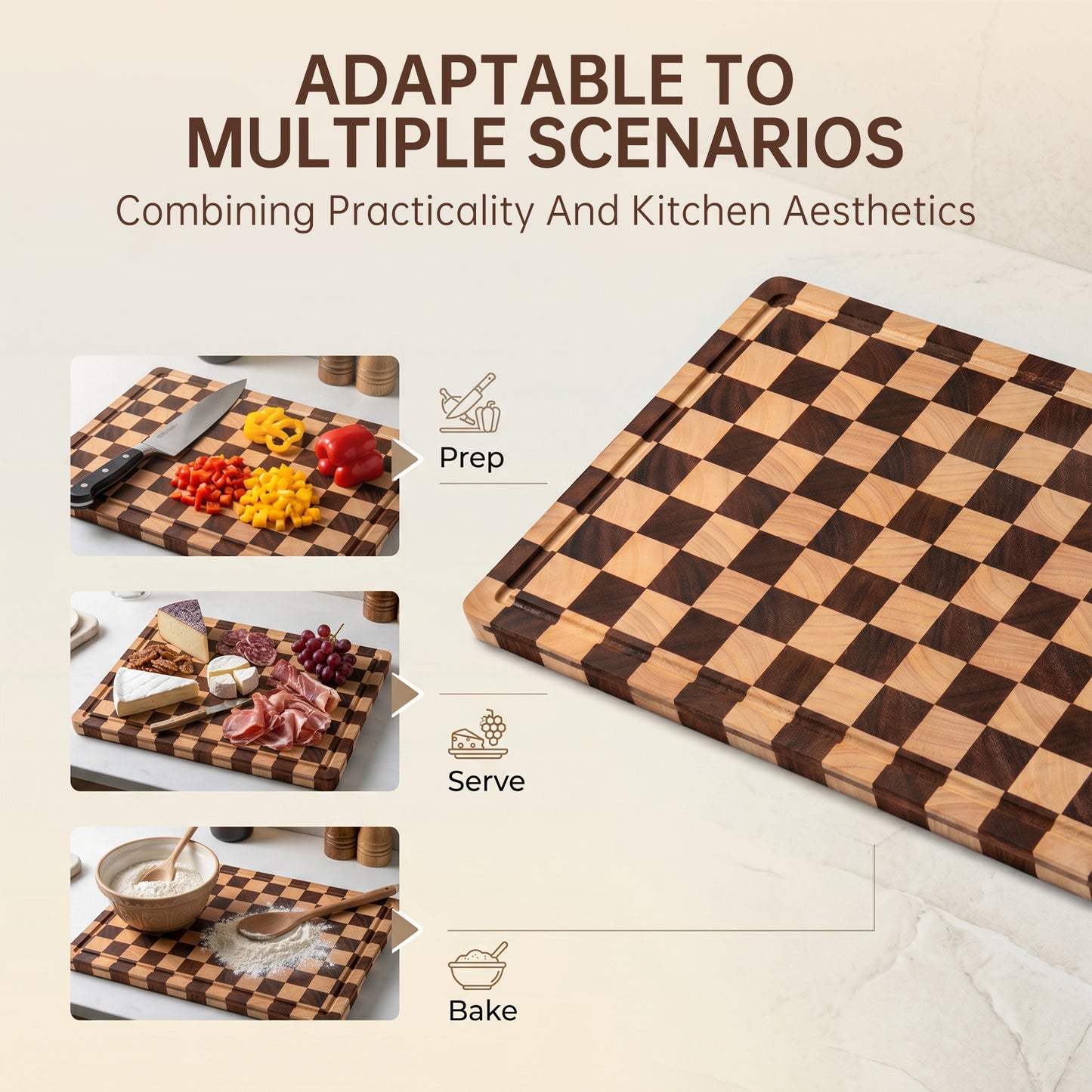 THETCHRY Cutting Boards for Kitchen, Checkered Wooden Chopping Board Structural Upgraded, Walnut Cutting Board with Juice Grooves & Handles, Butcher Block Serving Tray with Gift Box, 17"X 12"X 0.8"