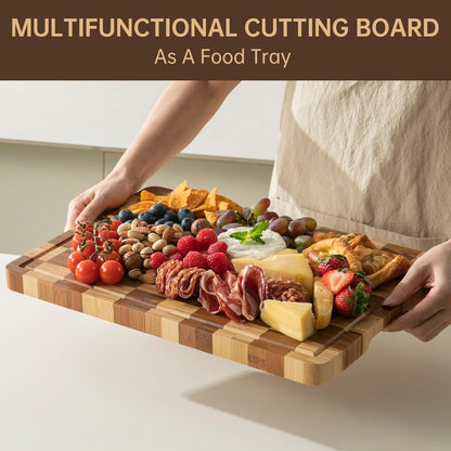 Bamboo Cutting Boards for Kitchen, End Grain Wood Cutting Board with Juice Grooves & Handles, Charcuterie Checkered Chopping Board Thick Butcher Block Serving Tray with Gift Box, 16.4"×11.5"× 1"