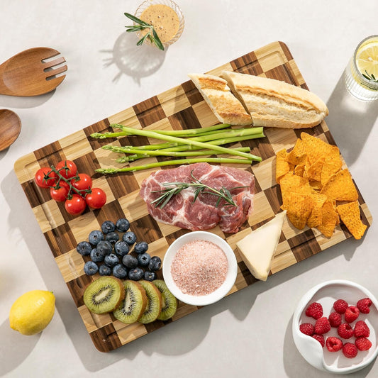 THETCHRY Thick Dishwasher Safe Bamboo Cutting Board, Checkered Wood Cutting Board for Kitchen with Non-slip, Long-Lasting and Crack-Resistant, End Grain Serving Tray with Gift Box, 16.5“x11.6”x1"