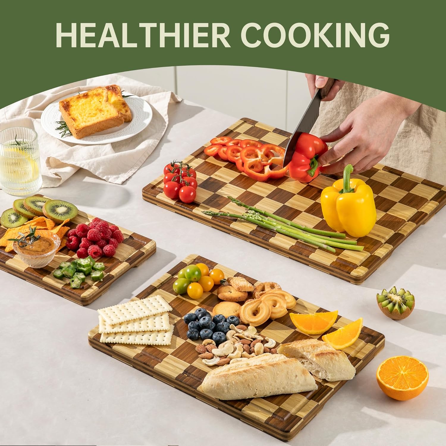 3 Pack Checkered Bamboo Cutting Board Set, Decorative End Grain Thick Wood Cutting Board, Crack-Resistant, Heavy Duty Non-slip Chopping Boards, Aesthetic Serving Trays for Home Decor, Gift