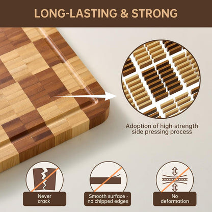 Bamboo Cutting Boards for Kitchen, End Grain Wood Cutting Board with Juice Grooves & Handles, Charcuterie Checkered Chopping Board Thick Butcher Block Serving Tray with Gift Box, 16.4"×11.5"× 1"