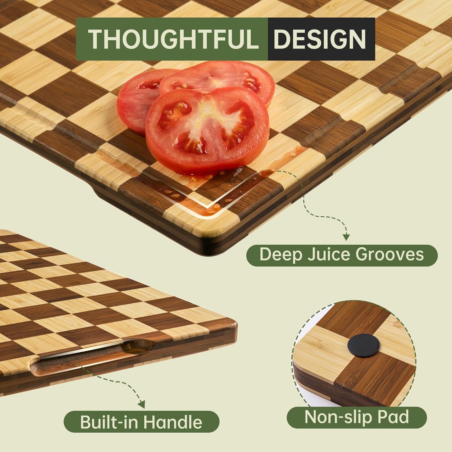 3 Pack Checkered Bamboo Cutting Board Set, Decorative End Grain Thick Wood Cutting Board, Crack-Resistant, Heavy Duty Non-slip Chopping Boards, Aesthetic Serving Trays for Home Decor, Gift