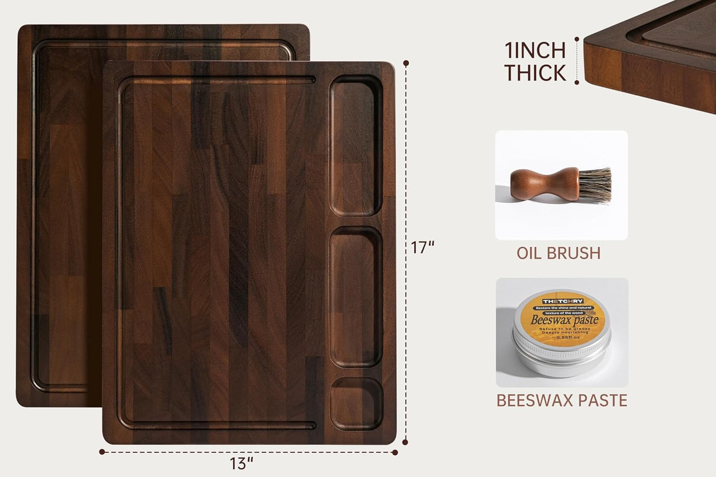 Walnut Cutting Boards For Kitchen, Wooden End Grain Cutting Board with Handle, Dark Walnut Chopping Board Double Sided Charcuterie Boards For Meat, Vegetables, Fruits, Cheese, 17”X13” X1”