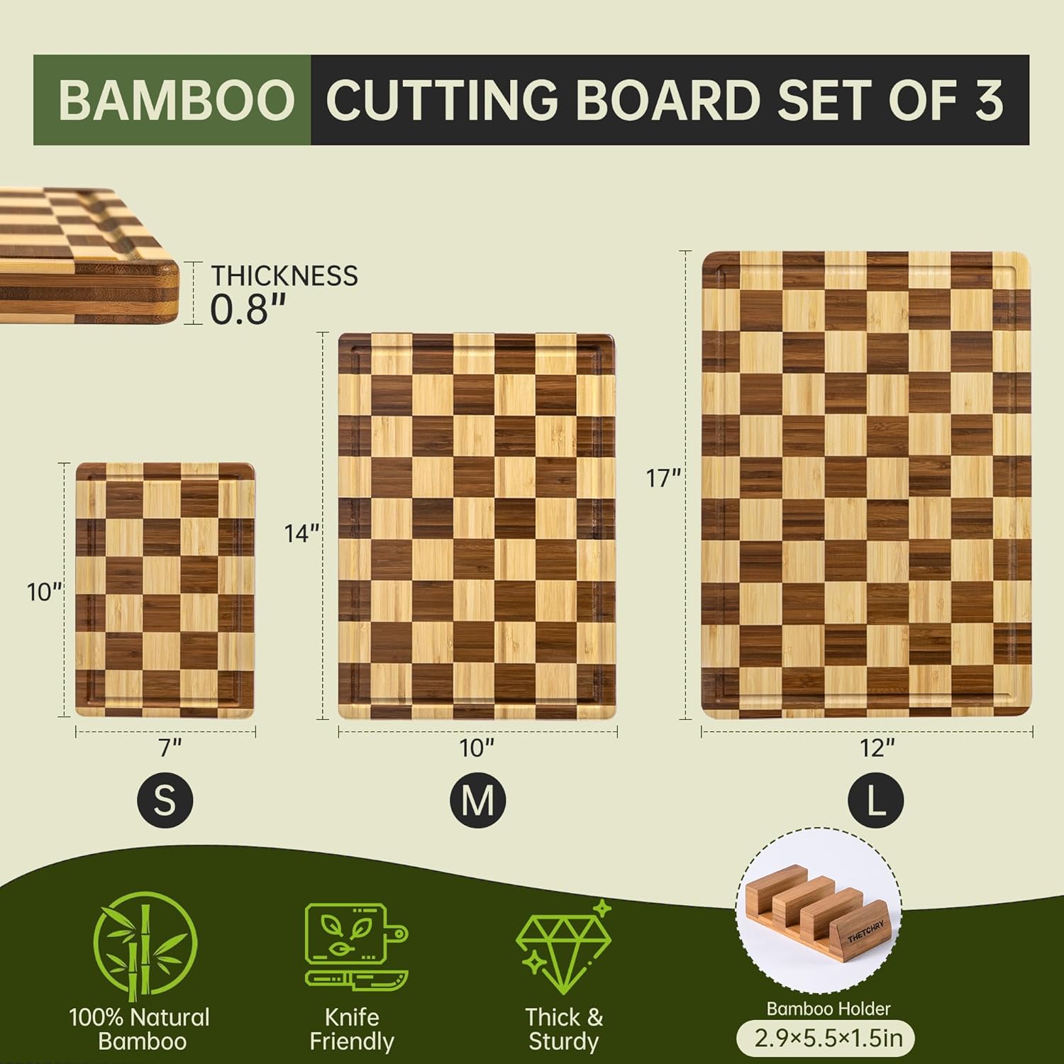 3 Pack Checkered Bamboo Cutting Board Set, Decorative End Grain Thick Wood Cutting Board, Crack-Resistant, Heavy Duty Non-slip Chopping Boards, Aesthetic Serving Trays for Home Decor, Gift