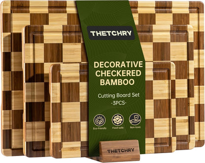 3 Pack Checkered Bamboo Cutting Board Set, Decorative End Grain Thick Wood Cutting Board, Crack-Resistant, Heavy Duty Non-slip Chopping Boards, Aesthetic Serving Trays for Home Decor, Gift