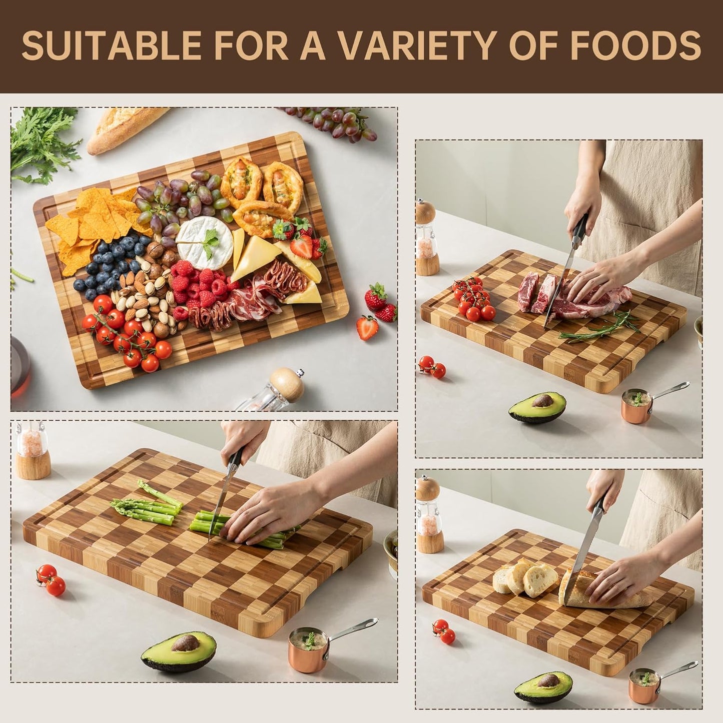Bamboo Cutting Boards for Kitchen, End Grain Wood Cutting Board with Juice Grooves & Handles, Charcuterie Checkered Chopping Board Thick Butcher Block Serving Tray with Gift Box, 16.4"×11.5"× 1"