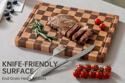 Cutting Boards for Kitchen, Extra Large Chopping Board for Stovetop, Checkered Acacia Wood Cutting Board with Juice Grooves, Butcher Block with Gift Box, 20" x 15" x 1"