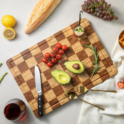 Bamboo Cutting Boards for Kitchen, End Grain Wood Cutting Board with Juice Grooves & Handles, Charcuterie Checkered Chopping Board Thick Butcher Block Serving Tray with Gift Box, 16.4"×11.5"× 1"