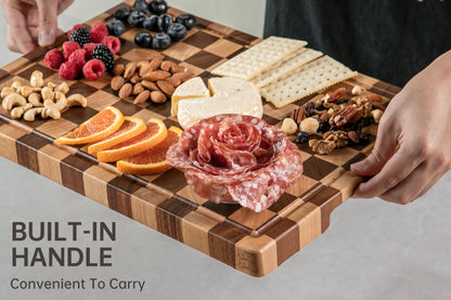 THETCHRY Cutting Boards for Kitchen, Checkered Cutting Board Upgraded, Acacia Wood Chopping Board with Juice Grooves & Handles, Large Butcher Block Serving Tray with Gift Box, 16.5" x 11.6" x 0.8"