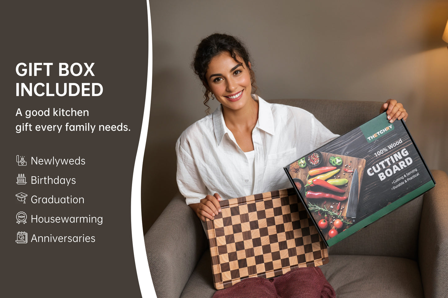 THETCHRY Cutting Boards for Kitchen, Checkered Cutting Board Upgraded, Acacia Wood Chopping Board with Juice Grooves & Handles, Large Butcher Block Serving Tray with Gift Box, 16.5" x 11.6" x 0.8"