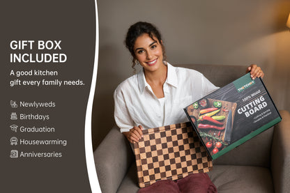THETCHRY Cutting Boards for Kitchen, Checkered Cutting Board Upgraded, Acacia Wood Chopping Board with Juice Grooves & Handles, Large Butcher Block Serving Tray with Gift Box, 16.5" x 11.6" x 0.8"