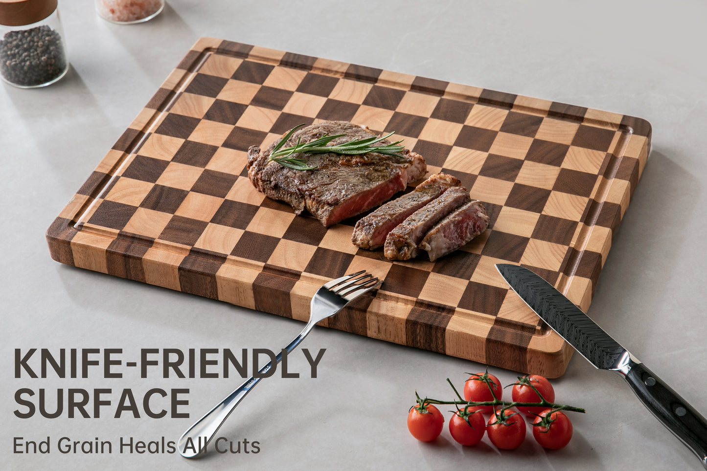 THETCHRY Cutting Boards for Kitchen, Checkered Cutting Board Upgraded, Acacia Wood Chopping Board with Juice Grooves & Handles, Large Butcher Block Serving Tray with Gift Box, 16.5" x 11.6" x 0.8"